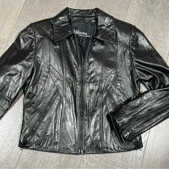 WILSON Genuine Leather Moto Jacket size 10 Black shiny - Picture 1 of 13